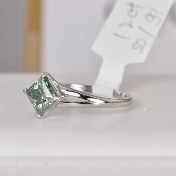 GRA Certified 1.2ct Princess Blue Green Engagement Moissanite Ring - Picture 4 of 7